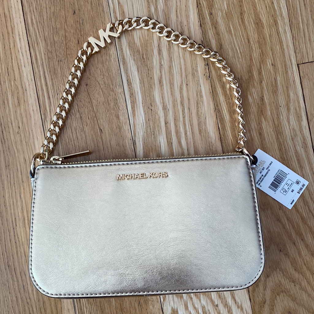 Michael Kors Sm Chain Pouchette Pale Gold Bag.Leather